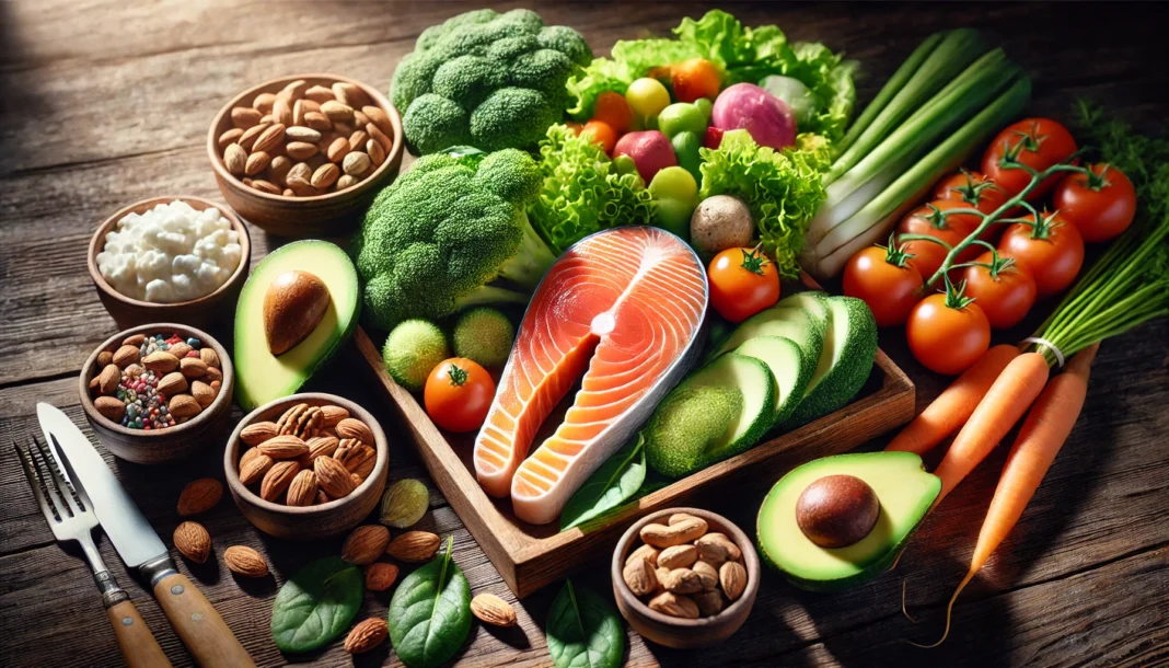 A vibrant nutrient-rich meal featuring colorful vegetables, avocados, nuts, and salmon on a wooden table, illuminated by natural light, emphasizing the role of healthy fats in vitamin absorption