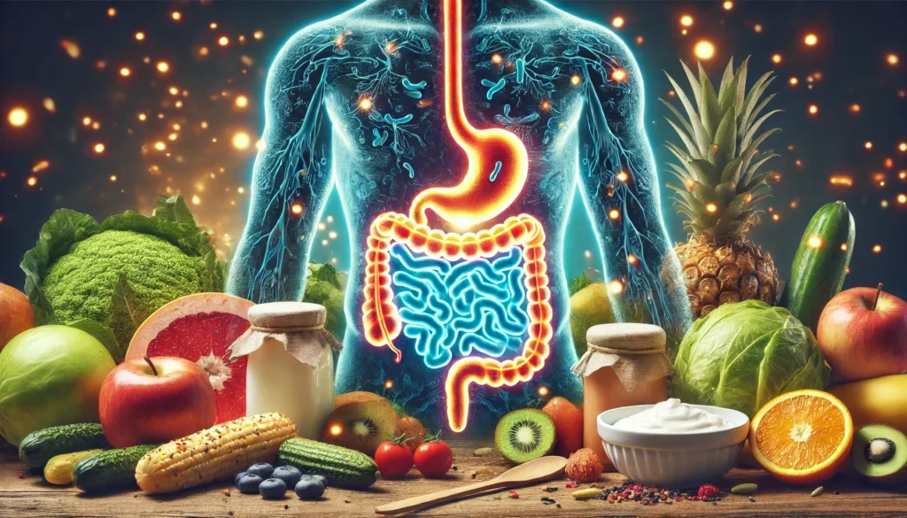 A conceptual representation of the human digestive system with a glowing gut microbiome, surrounded by probiotic-rich foods like yogurt, kimchi, and fresh vegetables, illustrating the connection between gut health and vitamin absorption