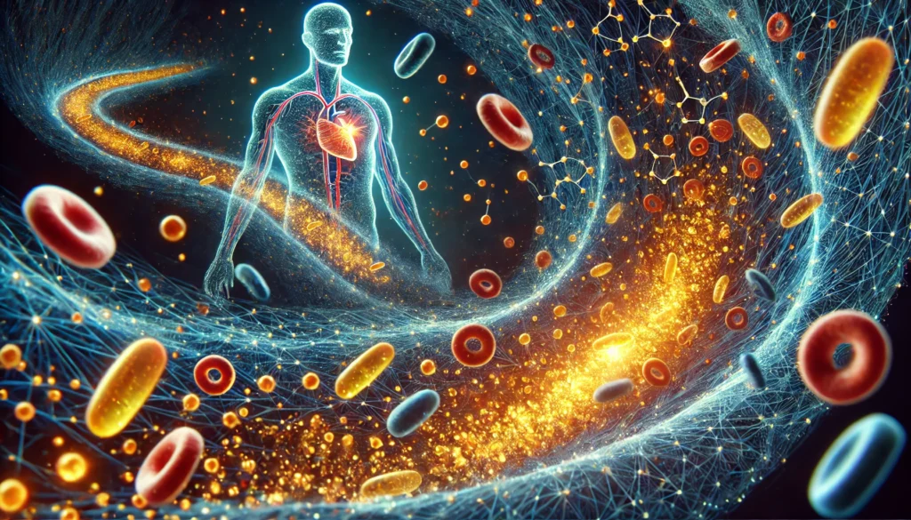 How to Absorb Vitamins Better: Proven Strategies to Maximize Nutrient Intake Naturally 2 A dynamic visualization of glowing vitamin molecules being absorbed into the bloodstream, symbolizing efficient nutrient transportation and optimal vitamin absorption at the cellular level