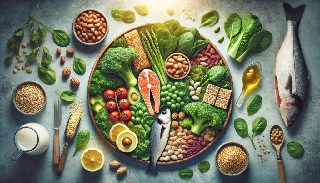 How to Absorb Vitamins Better: Proven Strategies to Maximize Nutrient Intake Naturally 3 A well-balanced meal plate featuring nutrient-rich foods like leafy greens, nuts, fish, and whole grains, with a soft glow effect highlighting the concept of enhanced vitamin absorption through optimal food combinations