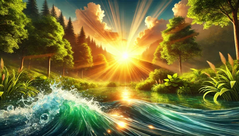 A vibrant morning sunrise over a lush green forest, symbolizing natural energy and vitality. The golden sunlight filters through the trees, illuminating a flowing river that reflects the warm glow, evoking a sense of renewal and refreshment