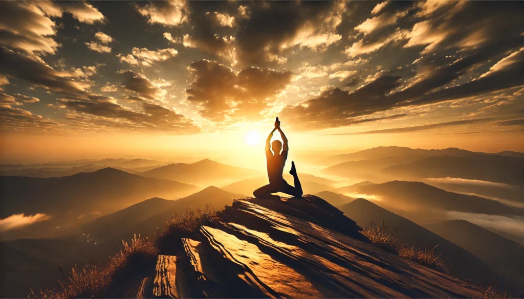 A person practicing yoga on a mountaintop at sunrise, surrounded by fresh air and nature. The pose exudes balance and tranquility, while the rising sun bathes the scene in golden light, representing natural energy and inner vitality