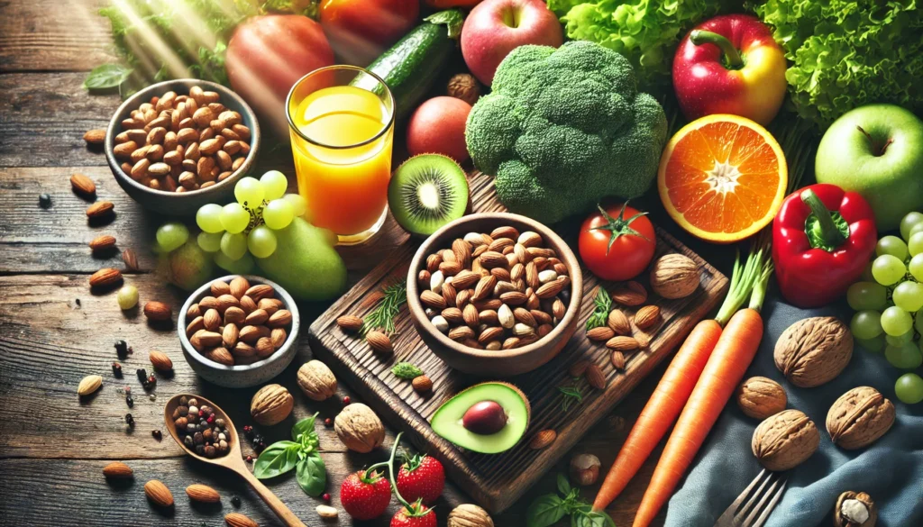 How to Increase Energy Levels Naturally: The Best Bioavailable Nutrients for Lasting Vitality 3 A healthy meal with fresh fruits, vegetables, and nuts arranged on a wooden table. The vibrant colors of the natural ingredients reflect energy and nourishment, symbolizing a balanced diet that supports vitality and well-being