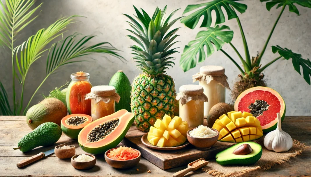 A vibrant display of fresh, enzyme-rich foods such as pineapples, papayas, avocados, and fermented vegetables on a rustic wooden table, symbolizing natural digestive support and nutrition