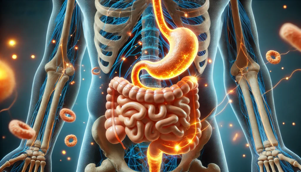 A scientifically accurate 3D-rendered visualization of the human digestive system, showing glowing digestive enzymes breaking down nutrients in the stomach and intestines, highlighting the benefits of enzyme supplementation.