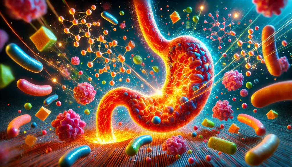 The Benefits of Digestive Enzymes: How Enzyme Supplementation Can Enhance Digestion Naturally 2 A vibrant artistic depiction of digestive enzymes as glowing microscopic particles interacting with food molecules, dynamically illustrating the breakdown of proteins, fats, and carbohydrates in the digestive process