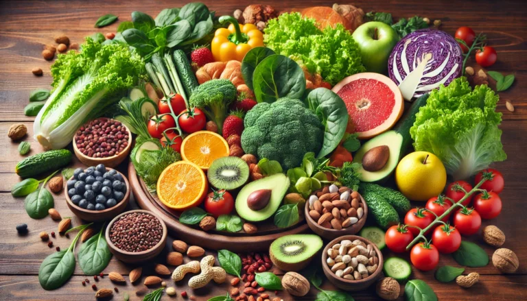 A vibrant display of nutrient-rich whole foods, including leafy greens, citrus fruits, nuts, and lean proteins, beautifully arranged on a wooden table to symbolize optimal bioavailability in nutrition