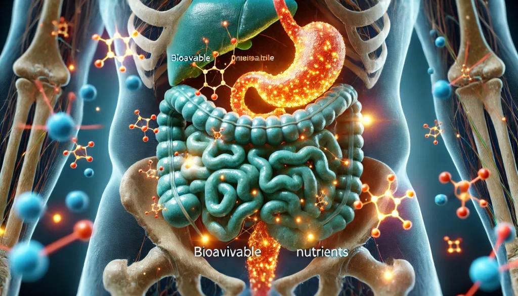 A scientifically accurate 3D-rendered visualization of the human digestive system, illustrating nutrient absorption in the intestines with glowing molecules representing bioavailable nutrients entering the bloodstream