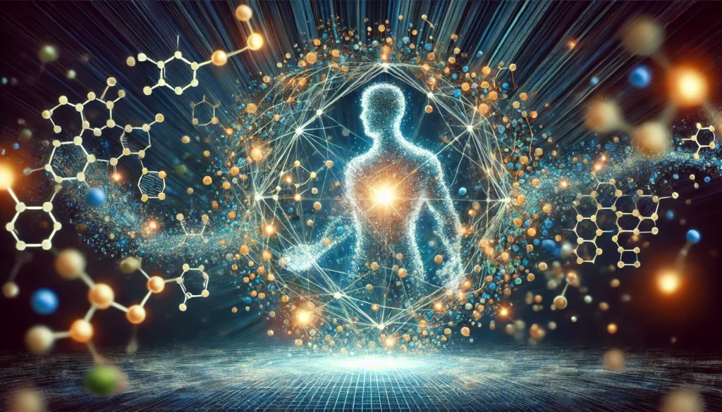 What Is Bioavailability in Nutrition? A Simple Explanation of How Nutrients Are Absorbed and Utilized 2 A visually striking abstract representation of bioavailability in nutrition, featuring a glowing network of nutrient particles being efficiently absorbed by cells, symbolizing optimal nutrient uptake
