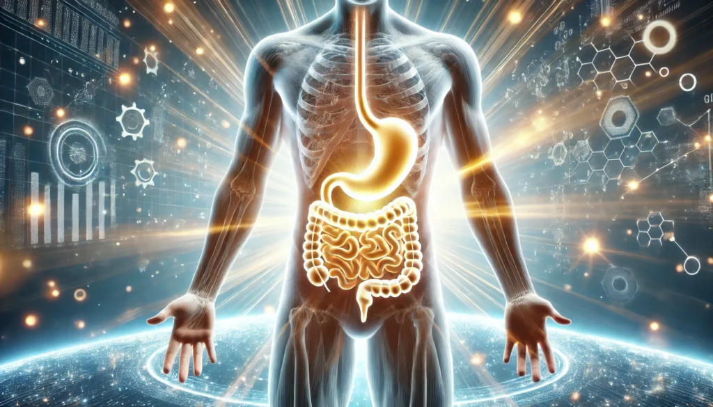 What Is Bioavailability in Nutrition? A Simple Explanation of How Nutrients Are Absorbed and Utilized 3 A bright and energetic image of a healthy, glowing individual with a radiant aura around the stomach, symbolizing optimal digestion and efficient nutrient absorption, representing high bioavailability in nutrition