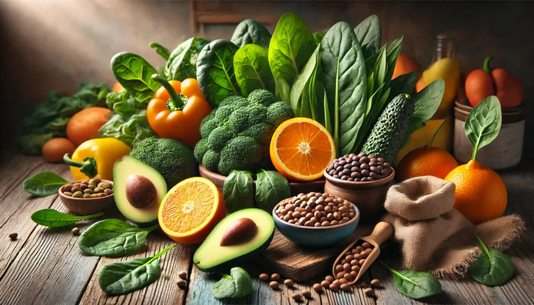 A colorful still-life arrangement of folate-rich foods, including fresh spinach, kale, avocados, citrus fruits, and legumes, set on a rustic wooden table with soft natural lighting highlighting their vibrant hues.