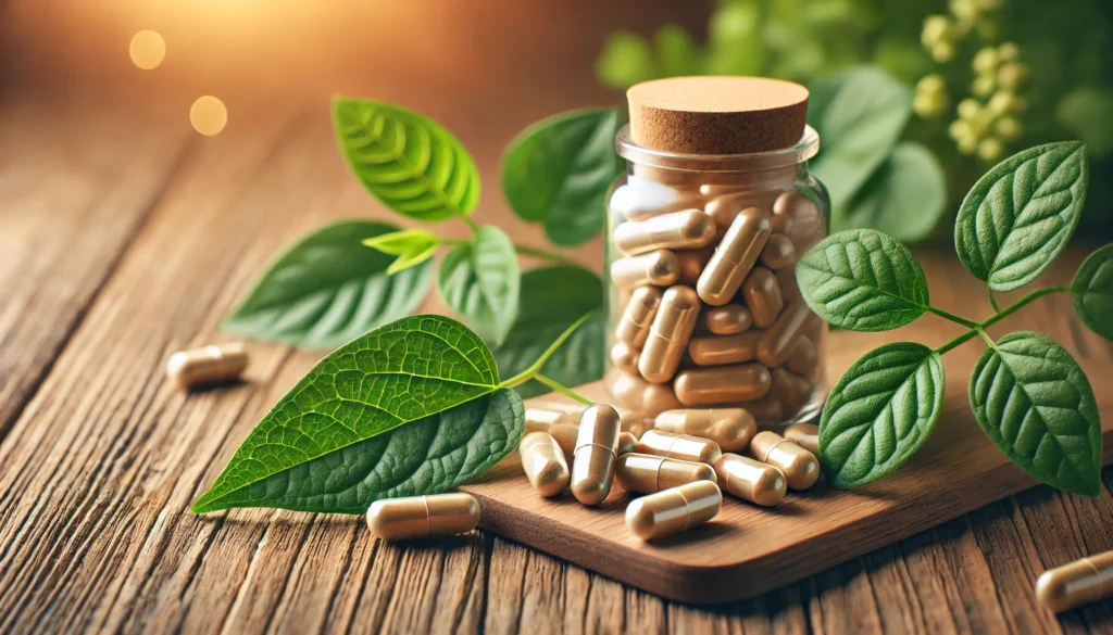 A close-up macro shot of glossy folate supplement capsules on a wooden surface, surrounded by fresh green leaves, symbolizing natural folate sources, with a softly blurred, earthy-toned background