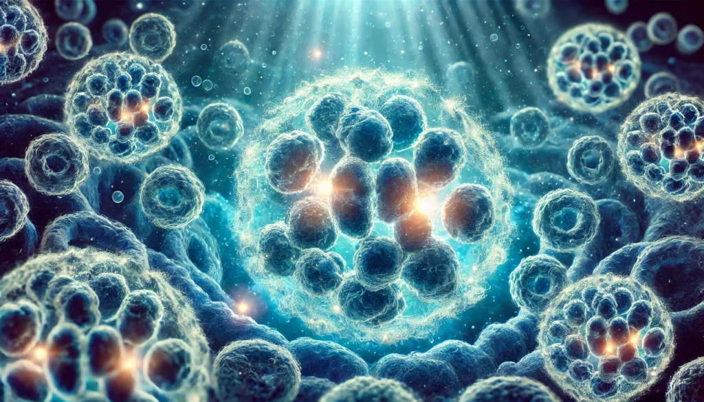 A high-resolution depiction of glowing, dividing human cells in a deep blue biological environment, symbolizing the essential role of folate in DNA synthesis and cell regeneration
