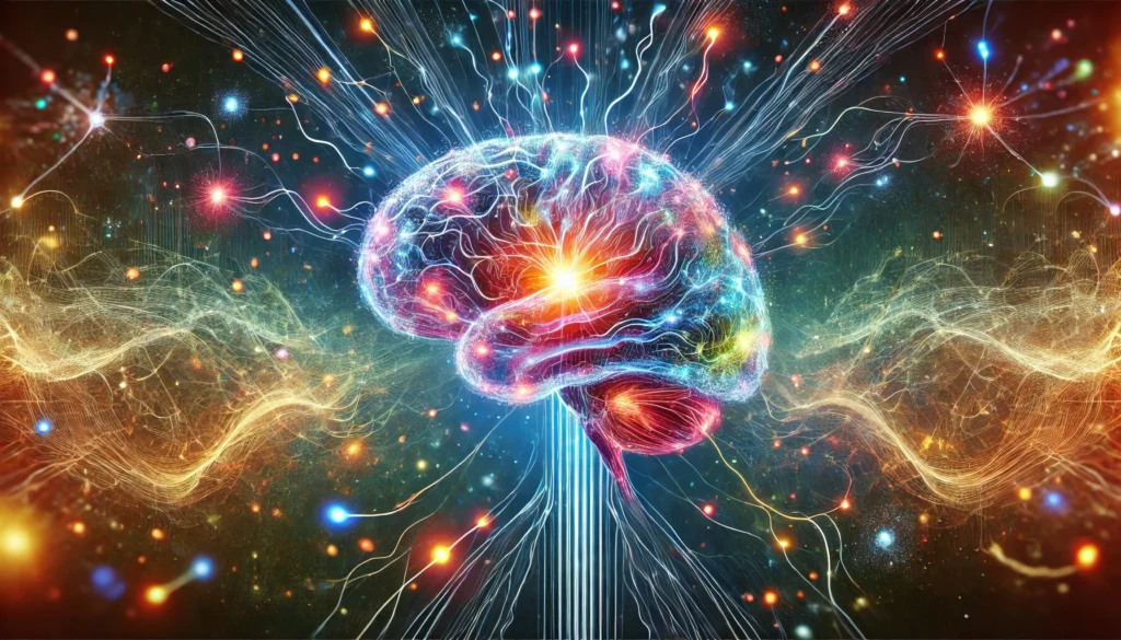 A dynamic artistic visualization of brain health, featuring a glowing neural network with vibrant energy pulses traveling through synapses, symbolizing the role of folate in cognitive function and neurological wellness