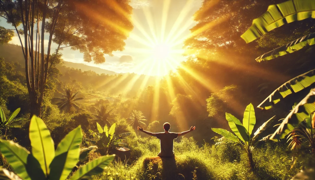 A person basking in the warm morning sunlight with arms outstretched, surrounded by lush greenery, symbolizing optimal Vitamin D absorption through natural sun exposure. The golden light enhances the vibrant outdoor setting, promoting health and well-being