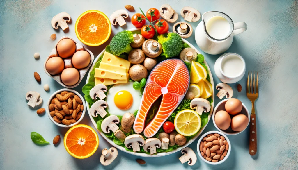 How to Maximize Vitamin D Absorption: The Best Strategies for Optimal Health 1 A colorful and vibrant plate of Vitamin D-rich foods, including salmon, eggs, mushrooms, and fortified dairy products. The arrangement is appetizing and visually appealing, symbolizing dietary sources of Vitamin D absorption. The scene is bright and fresh, highlighting healthy nutrition