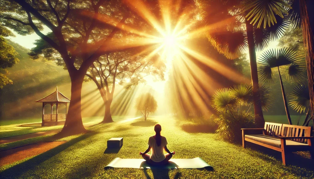 How to Maximize Vitamin D Absorption: The Best Strategies for Optimal Health 2 A serene outdoor yoga session in a sunny park, with a person practicing yoga in a relaxed pose. The bright sunlight filters through the trees, symbolizing a holistic approach to maximizing Vitamin D absorption through movement, relaxation, and sun exposure. The scene is peaceful and full of vitality