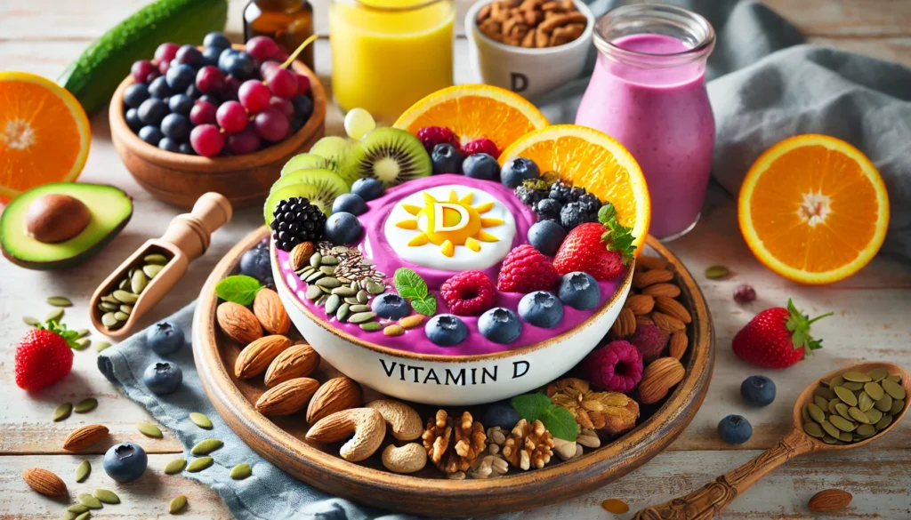 How to Maximize Vitamin D Absorption: The Best Strategies for Optimal Health 3 A vibrant smoothie bowl filled with vitamin D-fortified ingredients such as yogurt, berries, nuts, and seeds. The bowl is beautifully arranged with bright colors, symbolizing a delicious and nutritious way to maximize Vitamin D absorption through diet. The setting is fresh and inviting