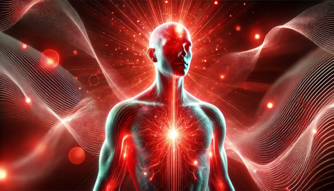 A futuristic, abstract visualization of red light therapy for skin healing and athletic recovery. A human silhouette is bathed in a glowing red aura, symbolizing rejuvenation and cellular repair, with soft, dynamic red light waves surrounding the figure in a high-tech wellness setting.