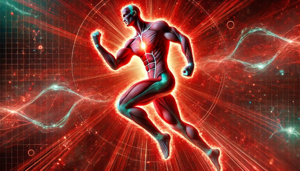 An artistic representation of muscle recovery through red light therapy. A muscular human figure is enveloped in a vibrant red glow, radiating energy waves that depict strength, enhanced cellular regeneration, and improved athletic performance in a futuristic environment.