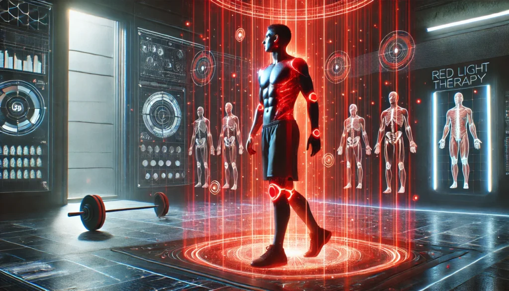 Red Light Therapy for Acne Scars: A Game-Changer for Athletic Recovery and Performance Enhancement 2 A high-tech futuristic depiction of red light therapy for athletic recovery. An athlete stands under an array of glowing red lights, symbolizing energy restoration and enhanced endurance, with a sleek, modern sports science setting enhancing the technological atmosphere.