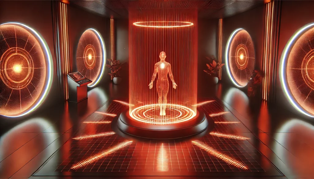 Red Light Therapy for Acne Scars: A Game-Changer for Athletic Recovery and Performance Enhancement 3 A futuristic spa-like setting featuring a person immersed in a soothing red light therapy session. The warm red glow envelops their body, signifying deep tissue healing and skin rejuvenation, with tranquil, modern surroundings and subtle energy waves illustrating the cellular regeneration process.