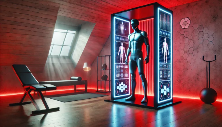 A futuristic home gym featuring an athlete using a full-body LED light therapy panel, bathed in ambient red and near-infrared light, emphasizing high-tech muscle recovery.