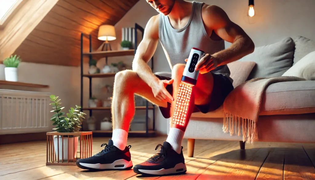 A professional athlete using a compact handheld LED light therapy device on their sore leg muscles in a cozy living room, highlighting post-workout recovery benefits.

