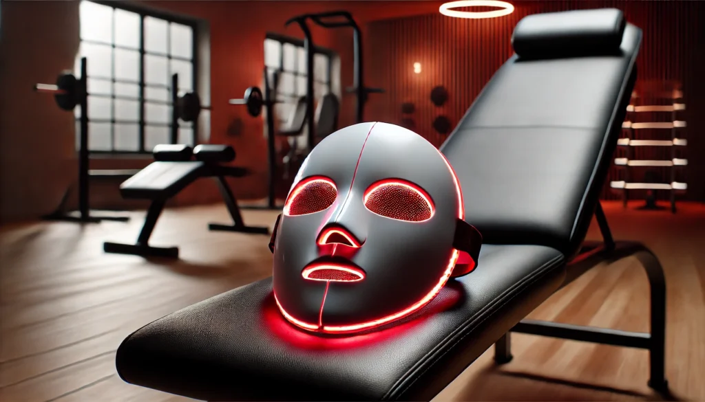 Boost Muscle Recovery with the Best At-Home LED Light Therapy for Athletes 2 A close-up of a red light therapy mask on a sleek workout bench in a modern home gym, emitting a soft red glow for facial muscle recovery and relaxation.