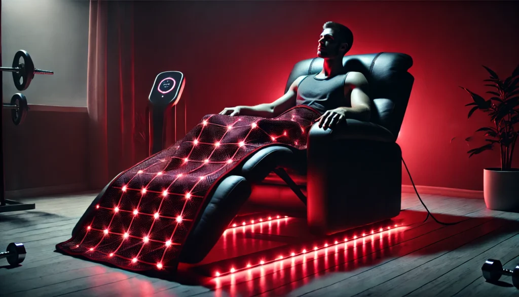 Boost Muscle Recovery with the Best At-Home LED Light Therapy for Athletes 3 A serene nighttime recovery scene with an athlete resting on a recliner under a full-body LED light therapy blanket, illuminated by a calming red glow for muscle regeneration.