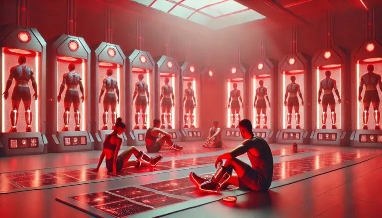 A futuristic sports recovery center with athletes using red light therapy devices, surrounded by a warm red glow, highlighting high-tech sports rehabilitation.