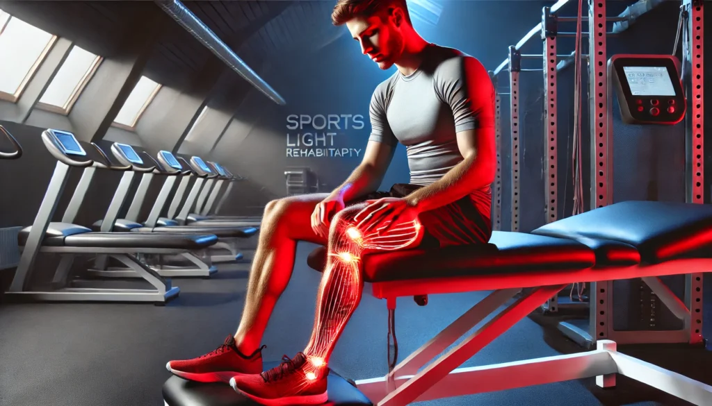 An athlete sitting on a treatment table, using a high-tech red light therapy device on their legs and feet, in a modern sports rehabilitation facility.