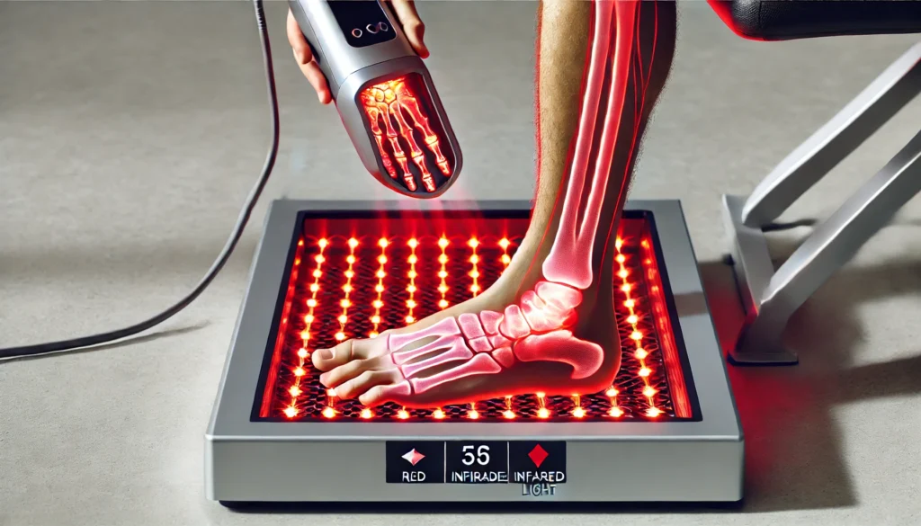 Unlocking Recovery: The Best Red Light Therapy for Neuropathy to Enhance Athletic Performance 2 A close-up of an athlete’s foot receiving red light therapy from a state-of-the-art device, emphasizing nerve pain relief and muscle recovery.