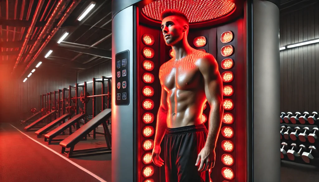 Unlocking Recovery: The Best Red Light Therapy for Neuropathy to Enhance Athletic Performance 3 A professional athlete using a full-body red light therapy chamber, enveloped in therapeutic red light, in a cutting-edge sports performance center.