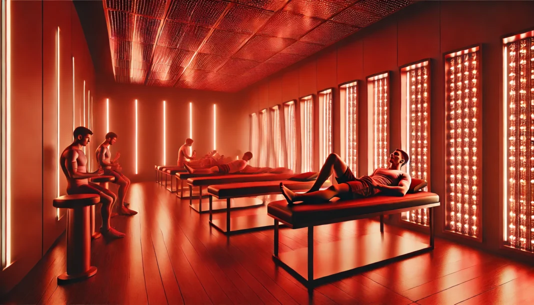 A modern athletic recovery center with red light therapy panels emitting a warm red glow. Athletes are lying on treatment beds, undergoing infrared therapy for muscle recovery. The sleek, high-tech environment emphasizes advanced sports rehabilitation and performance enhancement.