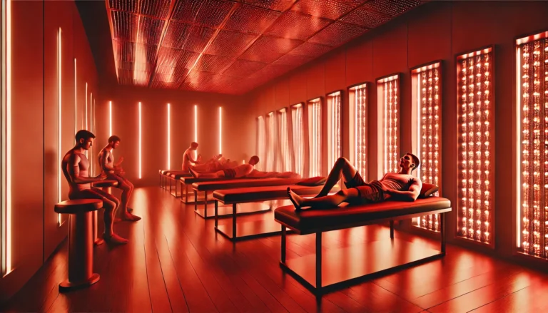 A modern athletic recovery center with red light therapy panels emitting a warm red glow. Athletes are lying on treatment beds, undergoing infrared therapy for muscle recovery. The sleek, high-tech environment emphasizes advanced sports rehabilitation and performance enhancement.