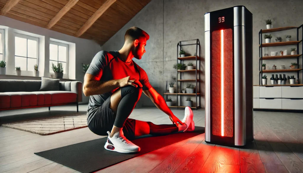 Boost Athletic Recovery with the Best Red Light Therapy Panels: Top Picks for Home & Professional Use 1 A professional athlete using a red light therapy panel at home for muscle recovery. The athlete is stretching while bathed in soft red light from a high-tech infrared therapy device. The scene highlights a modern and calming environment focused on self-care and advanced recovery technology.