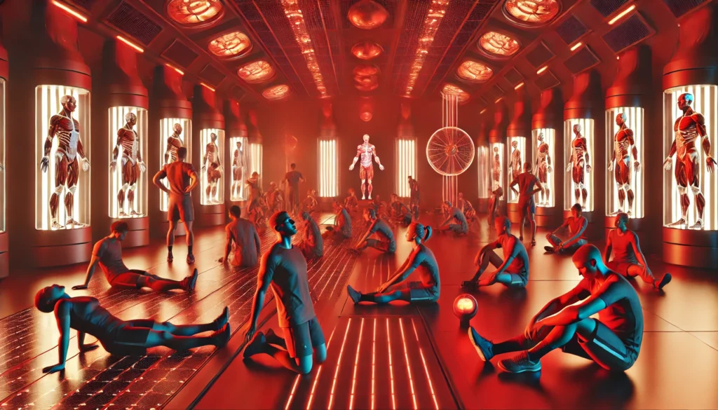 Boost Athletic Recovery with the Best Red Light Therapy Panels: Top Picks for Home & Professional Use 2 A futuristic sports rehabilitation center with multiple athletes receiving red light therapy. The room is filled with advanced infrared therapy devices casting a red glow, as athletes engage in stretching, meditation, and relaxation. The setting showcases cutting-edge recovery technology for high-performance athletes.