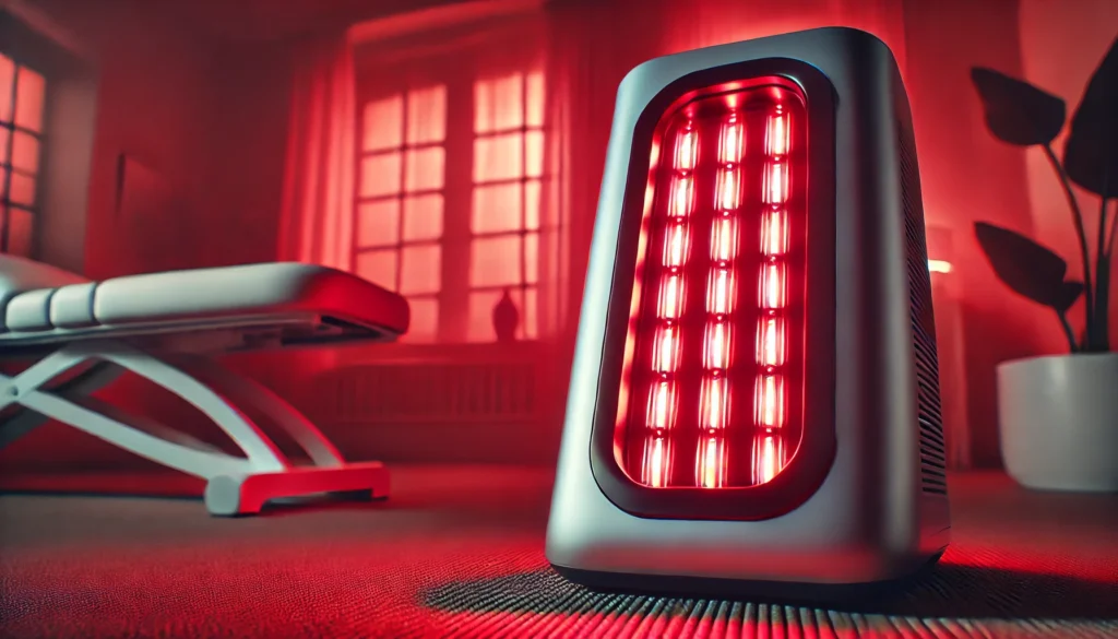 Boost Athletic Recovery with the Best Red Light Therapy Panels: Top Picks for Home & Professional Use 3 A close-up view of a high-tech red light therapy device emitting a deep red glow. The sleek and modern infrared therapy device is designed for both professional and home use. The blurred background features a calm recovery space, emphasizing the precision and effectiveness of red light therapy technology.