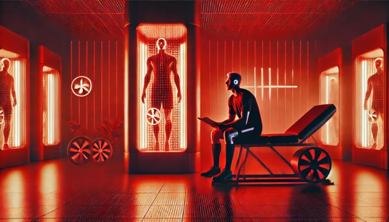 A high-performance athlete undergoing red light therapy in a modern recovery center, bathed in warm red light, highlighting muscle relaxation and rehabilitation.