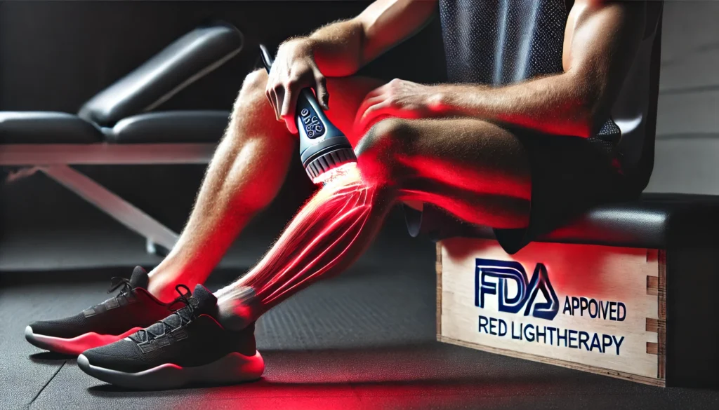 A close-up of a professional athlete’s leg muscles being treated with an FDA approved red light therapy device, showcasing deep tissue recovery in a high-tech sports rehabilitation facility.