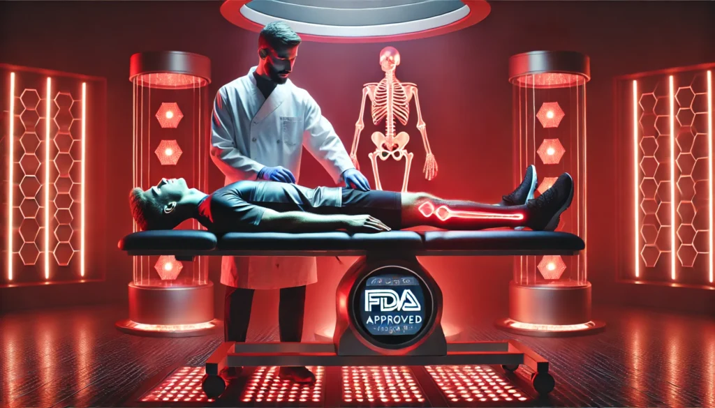 Maximize Athletic Recovery with FDA Approved Red Light Therapy Devices for Pain 2 A professional sports therapist applying an FDA approved red light therapy device to an athlete’s back in a futuristic rehabilitation center, emphasizing muscle recovery and relaxation.