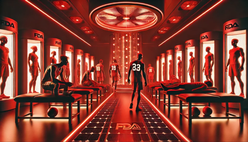 Maximize Athletic Recovery with FDA Approved Red Light Therapy Devices for Pain 3 A futuristic sports recovery center where multiple athletes are undergoing red light therapy treatment, surrounded by advanced FDA approved red light therapy devices in a high-tech environment.