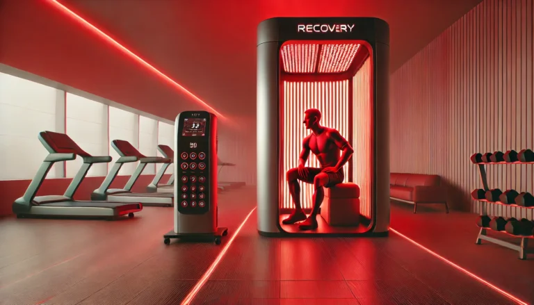 A modern sports recovery center with an athlete receiving red light therapy. The room is softly lit with a warm red glow, highlighting advanced recovery equipment in a futuristic setting