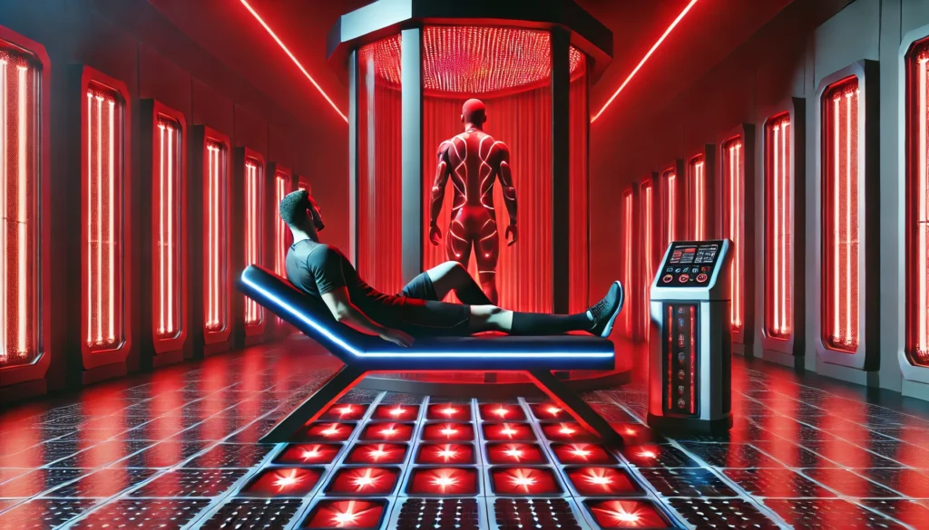 A high-tech sports recovery room featuring an athlete using a red light therapy device. The red glow enhances muscle relaxation and rehabilitation in a sleek, futuristic environment.