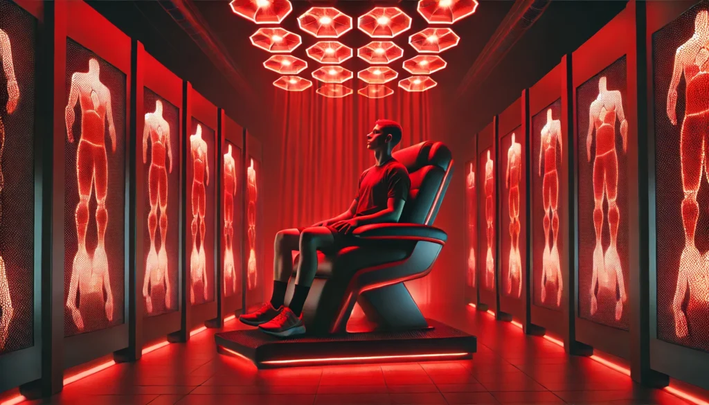 How Long Should You Do Red Light Therapy? A Guide to Optimal Treatment for Athletic Recovery 2 A sports recovery facility with an athlete sitting in a therapy chair under red light panels. The red illumination creates a soothing atmosphere, emphasizing muscle recovery and regeneration.