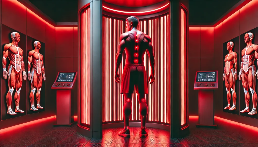 How Long Should You Do Red Light Therapy? A Guide to Optimal Treatment for Athletic Recovery 3 A cutting-edge wellness center where an athlete stands in front of a full-body red light therapy panel. The red glow highlights muscle recovery and rejuvenation in a modern athletic performance facility.