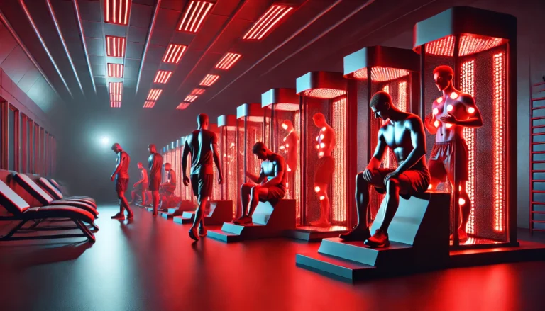 A high-tech sports recovery facility illuminated by red light therapy panels, where multiple athletes are undergoing muscle regeneration treatments in a futuristic wellness environment.