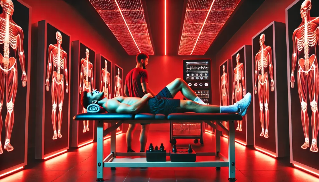 A professional athlete lying on a treatment table under red light therapy panels, with a sports therapist monitoring progress in a modern, high-performance recovery room.

