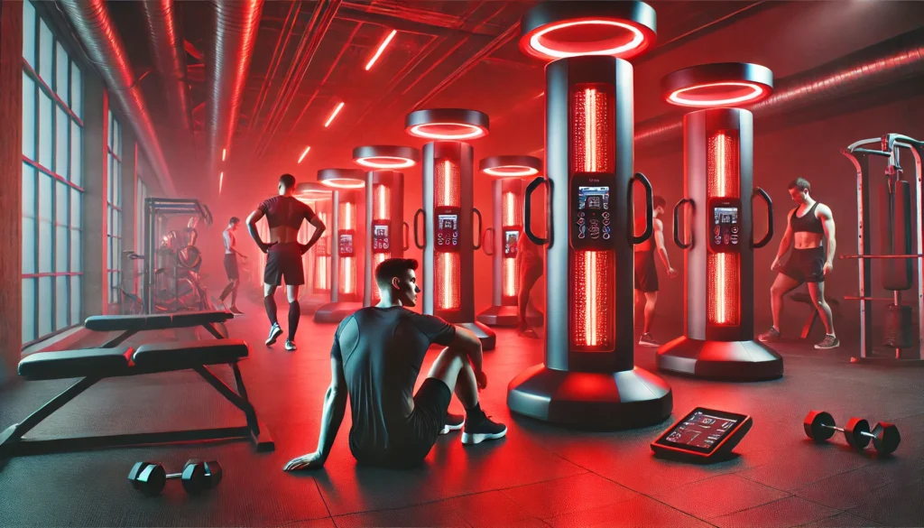 Red Light Therapy Cost: Is It Worth the Investment for Athletic Recovery & Regeneration? 2 A futuristic gym setting where athletes use red light therapy devices for post-workout muscle recovery, with a sleek design and glowing red lights enhancing the wellness atmosphere.